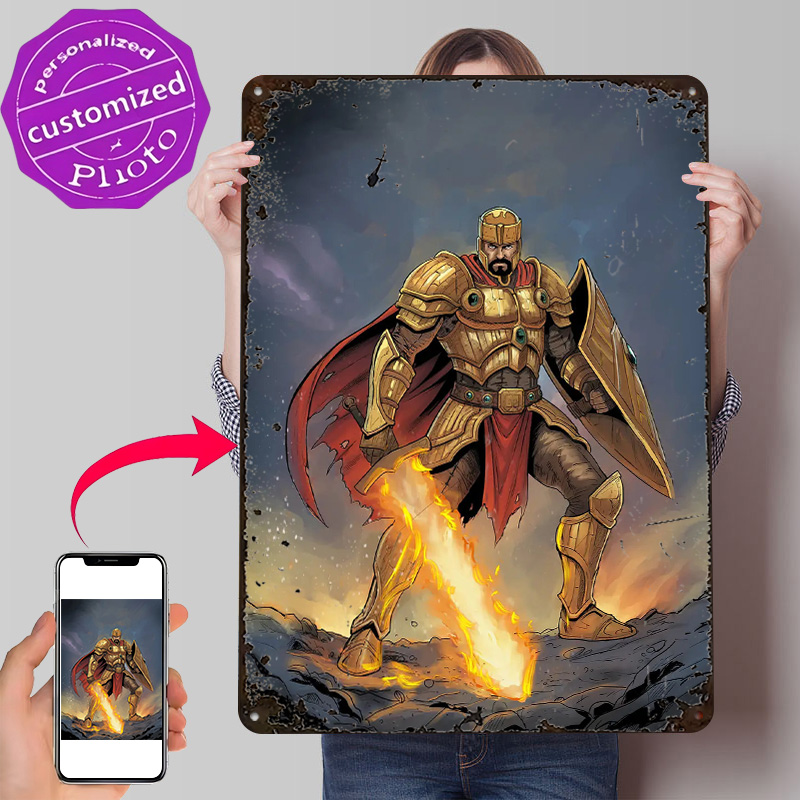 Retro Knight Gaming - Pôster Cavaleiro Dourado com Espada Flamejante,